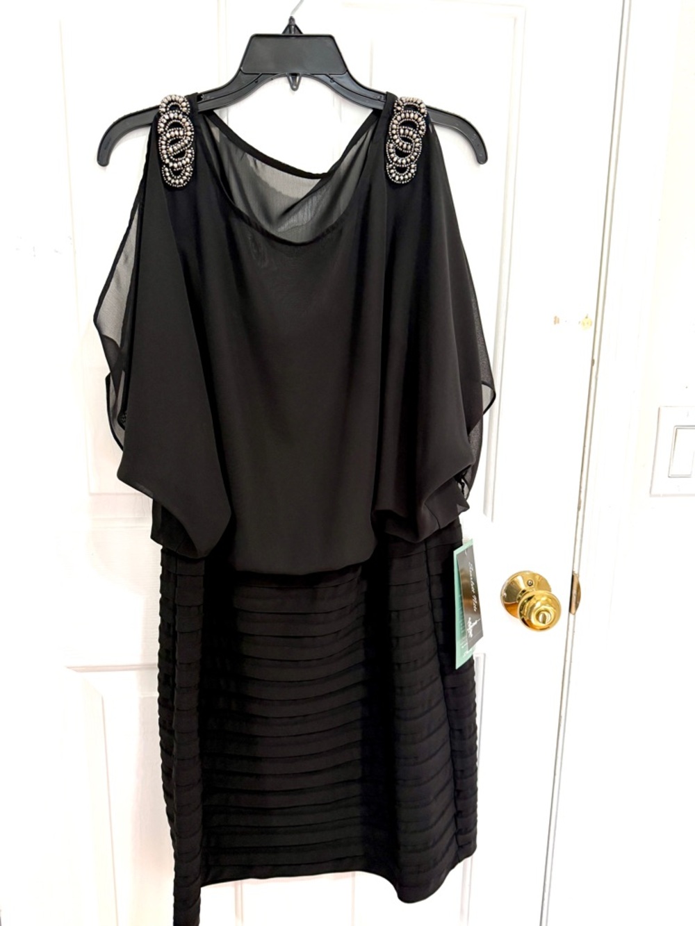 Scarlett Nite Black Beaded-Shoulder Draped Midi Dress